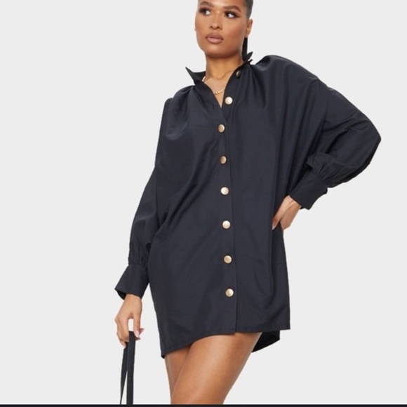 PrettyLittleThing Black Oversized Button Down Puff Sleeve Shirt Dress EUC - Picture 1 of 4
